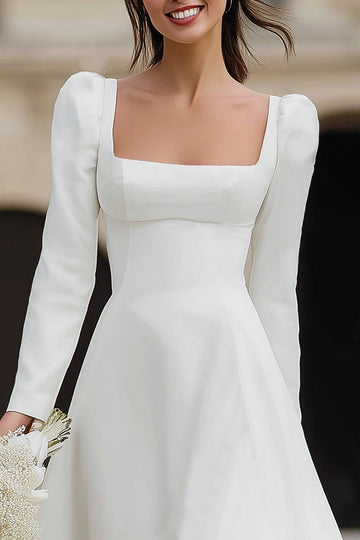 Ivory A Line Satin Square Neck Long Sleeves Wedding Dress with Ruffles